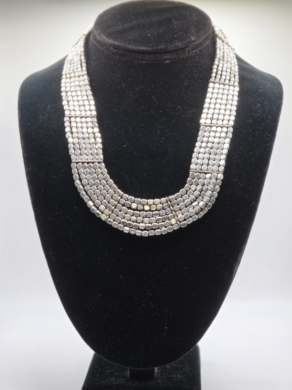 ZAD Silver Multi-Row Block Bead Collar Necklace